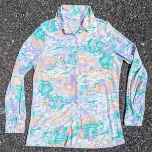 Vintage 1970s Pastel Asian Floral Print Silky Polyester Button Down Shirt L Boho